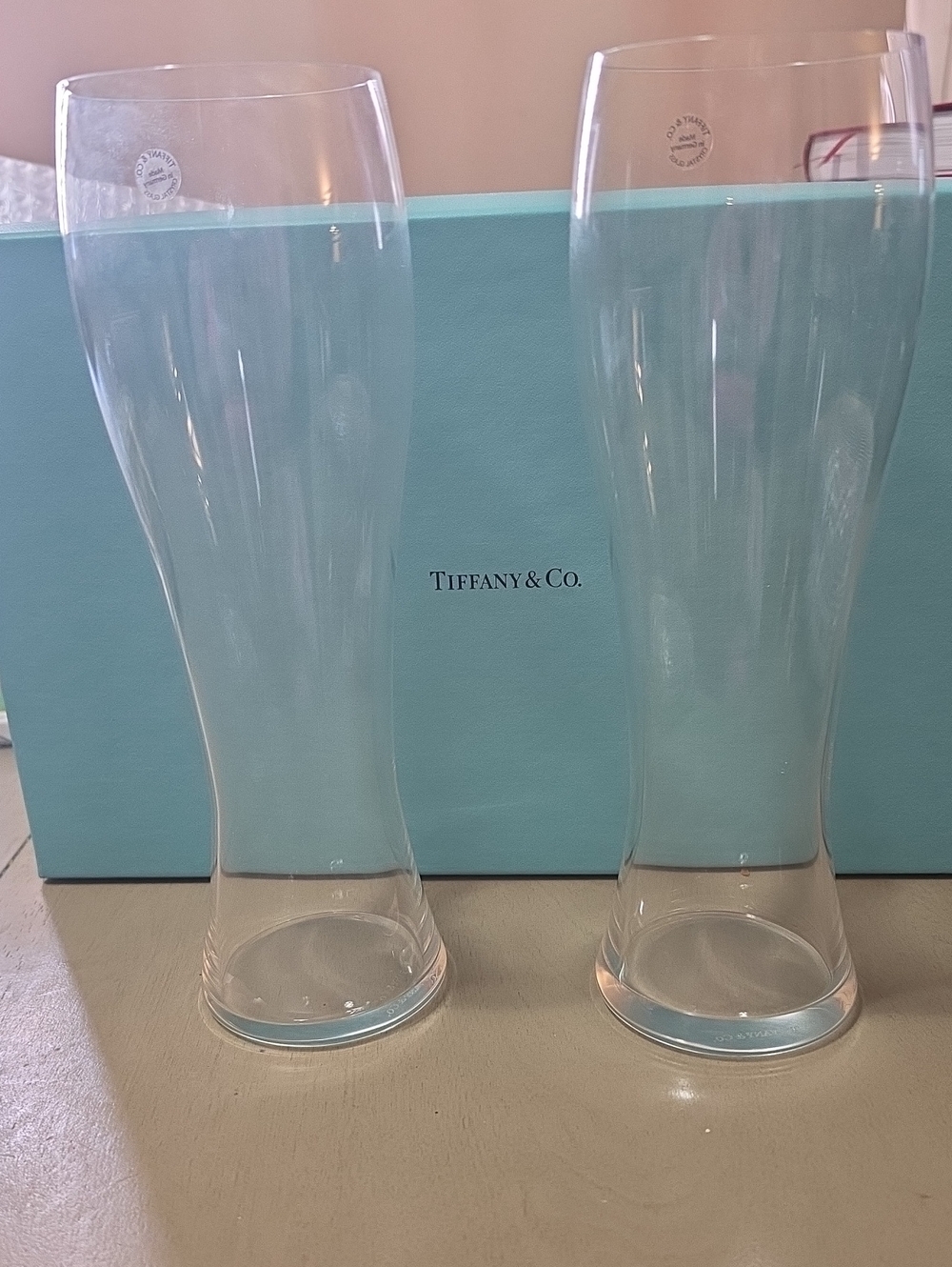 Tiffany & Co. Clear Crystal Tall Pilsner Glasses with Tiffany Blue Box